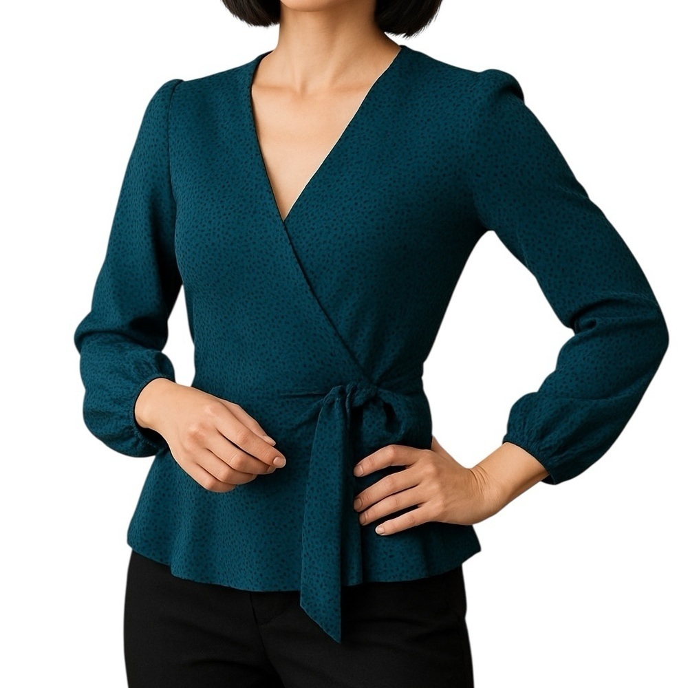 Meraki Small Blue Black Dot Faux Wrap Peplum Vneck Blouse Ruffle Office Chic